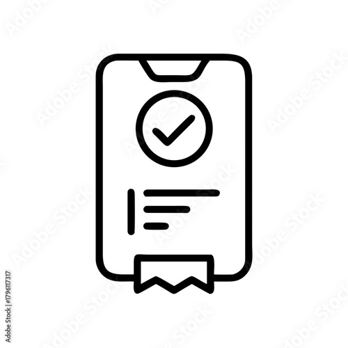 A check mark within a circle, a simple icon of a document. It can be used for various purposes like business documents, financial papers and transaction reports