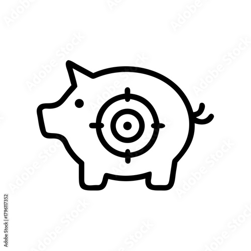 A minimalistic line drawing depicts a piggy bank with a target, symbolizing financial goals and savings