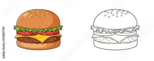Vector illustration showing a colorful and delicious-looking hamburger next to its black and white line art outline for coloring