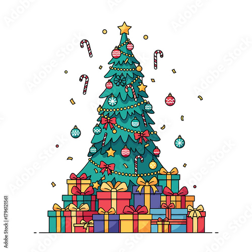Flat, Stylized Christmas Tree Decorated with Ornaments and Bows, Standing on a Pile of Vibrant, Stacked Holiday Gifts.