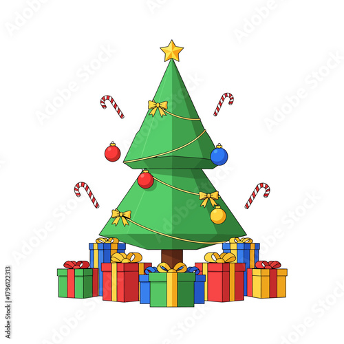 Beautifully Stylized Christmastime Centerpiece Arrangement, Displaying Symmetrically Stacked Gifts.