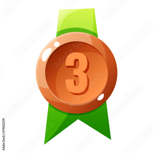 A bronze medal with the number three displayed prominently. The medal is attached to a green ribbon, symbolizing achievement and competition.