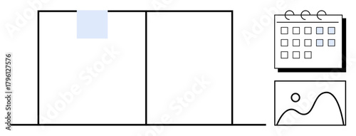 Open notebook with divider tab, wall-mounted calendar, and photo frame with scenic art. Ideal for productivity, organization, planning, creativity, focus, time management simple flat metaphor