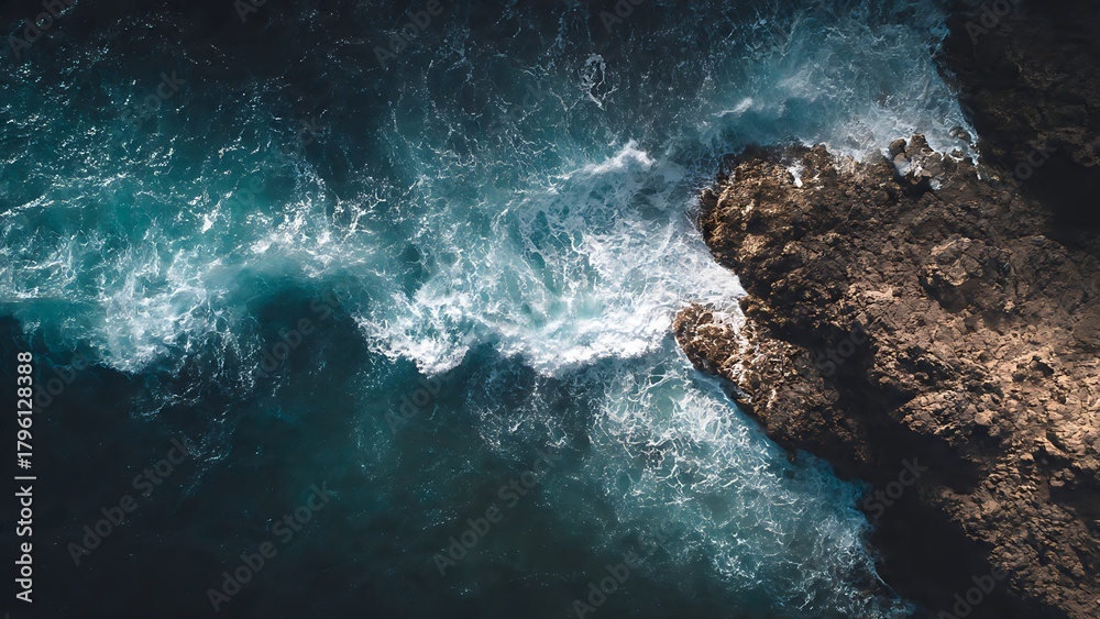 Obraz premium An aerial perspective of the powerful deep blue ocean waves crashing against a rugged rocky cliff, creating a dramatic coastal scene from above
