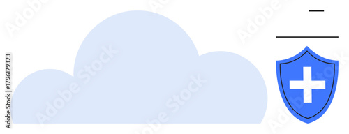 Large cloud shape paired with a blue shield containing a plus sign. Ideal for cybersecurity, online protection, data safety, healthcare technology, cloud storage, privacy tools, secure computing