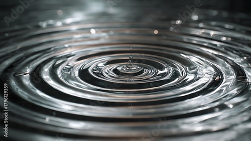Monochromatic macro shot of a water droplet creating sculptural concentric ripples on a dark, textured liquid surface with a metallic sheen