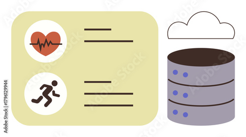 Heartbeat monitor and fitness tracker icons beside cloud and database storage symbolizing health data analysis. Ideal for healthcare, fitness technology, cloud storage, data management, remote