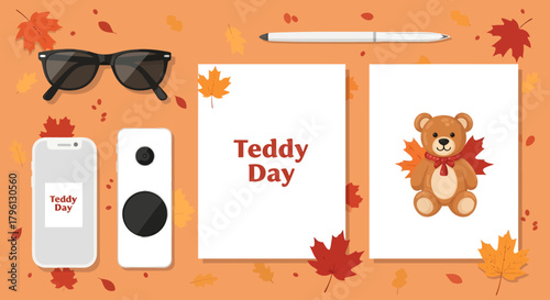A flat lay composition celebrating Teddy Day with a teddy bear card, autumn leaves, and personal accessories on an orange background.