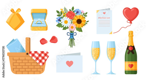 Collection of romantic proposal and celebration items including engagement ring, flowers, champagne, and picnic basket.