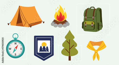 A vibrant collection of camping and outdoor adventure essentials, featuring a tent, campfire, backpack, compass, tree, badge, and scarf.