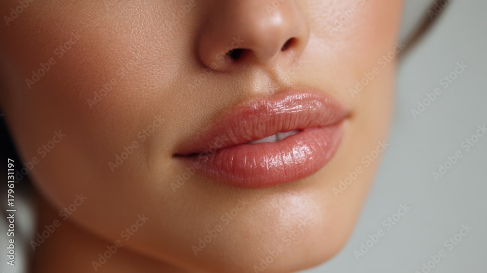 Obraz premium Close-Up Portrait of Beautiful Woman's Lips with Natural Glossy Finish Showcasing Soft Skin and Elegant Makeup Against Neutral Background