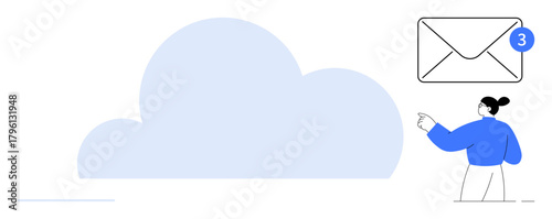 Large cloud icon, envelope with notification badge, person pointing toward it. Ideal for cloud computing, email management, online communication, data sharing, digital messaging technology. Simple