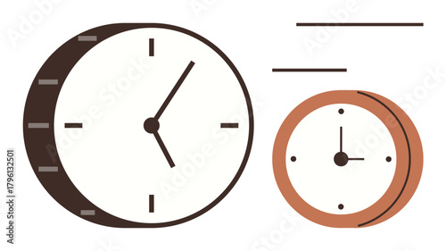 Two analog clocks of varying sizes and minimalist design, featuring simple clock faces and clean lines. Ideal for time management, punctuality, scheduling, productivity, planning, organization
