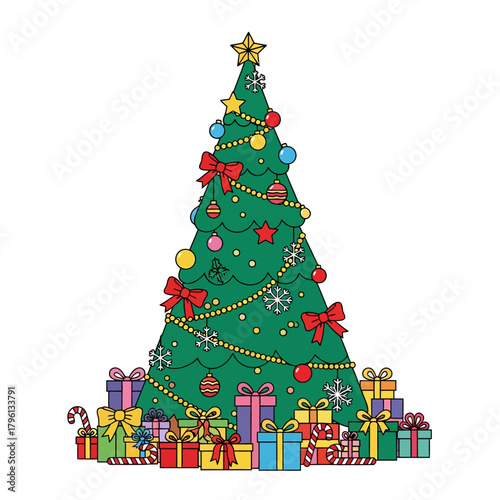 Simplified Majestic Christmas Tree Illustration, Richly Decorated with Doodle Ornaments, Large Bows, Presents.