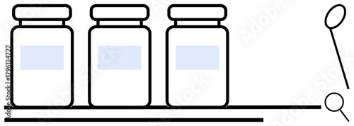 Three jars aligned on a conveyor belt with a magnifying glass inspecting for quality. Ideal for manufacturing, production, packaging, automation, quality assurance, factory processes, simple flat
