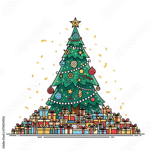 Decorative stylized Christmas evergreen, massive ornamental gift presentation, celebratory golden confetti shower.