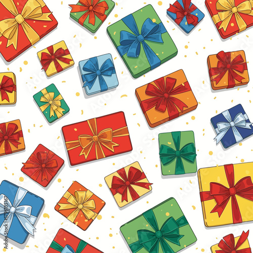 Brightly Colored Presents Flat Lay, Holiday Background Template with Golden Confetti.
