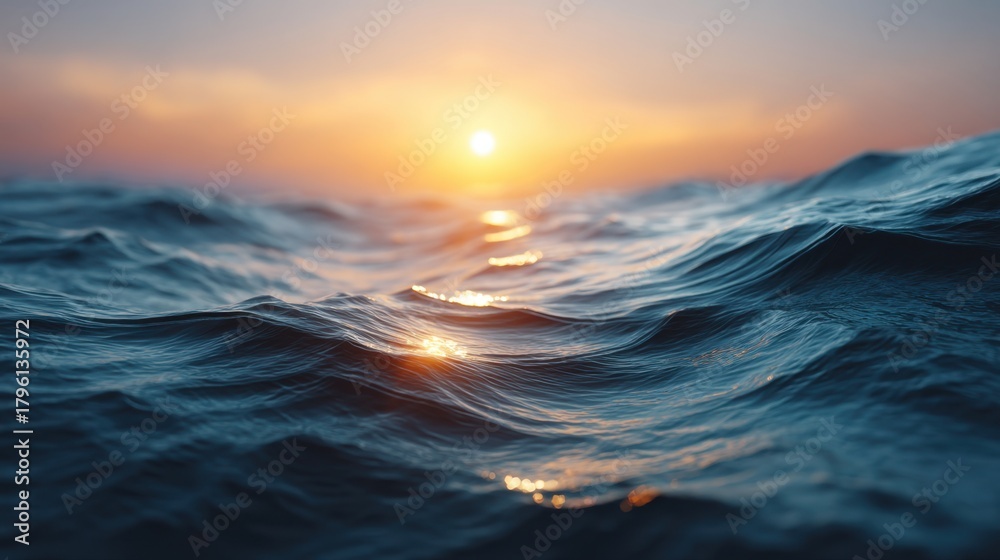 Obraz premium Serene Ocean Sunset with Gentle Waves and Reflections of Golden Light, Peaceful Seascape in Warm Tones for Calming Atmosphere and Nature Themes