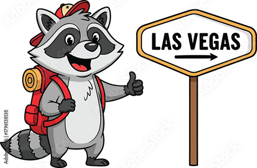 Adorable Cartoon Raccoon with Backpack Pointing to Las Vegas Direction Sign