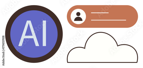 AI label in bold circle, cloud image, user profile card with avatar. Ideal for tech, AI, innovation, data storage, digital profiles automation software. Minimal flat metaphor