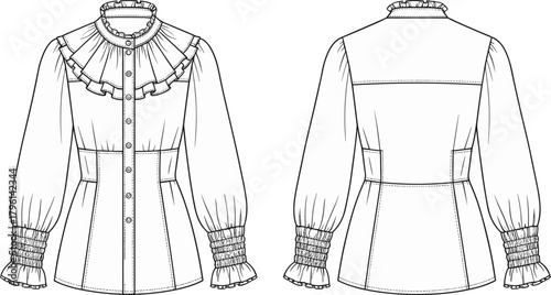 Elegant ruffle blouse technical fashion flat sketch, front and back view with long sleeves and frill collar, vector clothing illustration