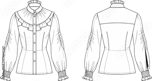 Elegant women ruffle blouse technical fashion flat sketch, front and back view with puff sleeves and frill collar, vector clothing design illustration