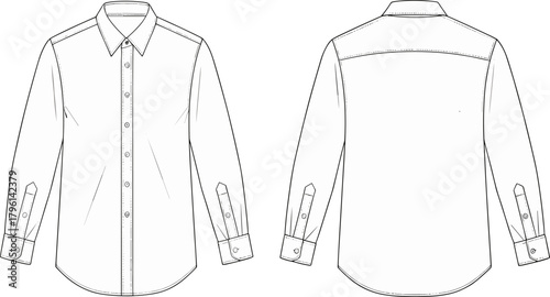 Long sleeve formal shirt technical flat sketch front and back view, dress shirt design template, fashion CAD drawing for apparel design, vector illustration