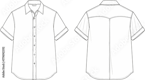 Short sleeve button down shirt technical flat sketch front and back view, summer casual apparel fashion design template, vector illustration