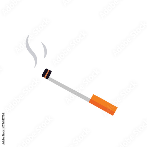 Burning cigarette with rising smoke, featuring an orange filter and grey body