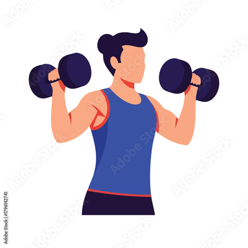 Faceless athlete lifting dumbbells with blue tank top and black shorts