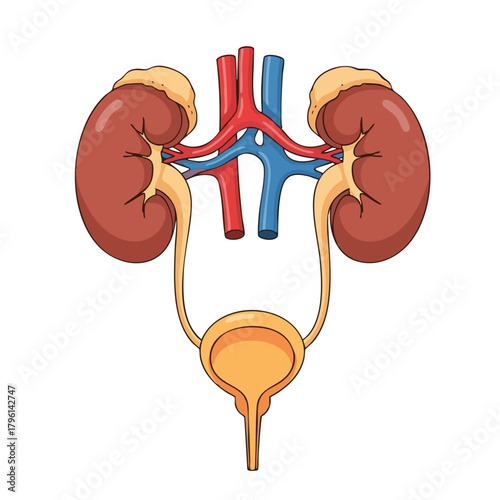 Cartoon illustration of the human urinary system with kidneys and bladder