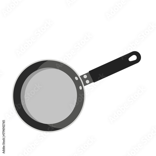 Flat Design Illustration of a Gray Frying Pan with Black Handle