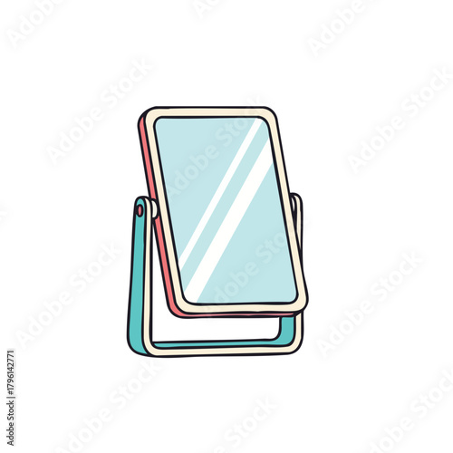 Cartoonish Vanity Mirror with Light Blue Frame and Reflection Detail