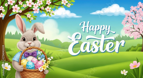 A charming Easter bunny holds a basket of colorful eggs against a bright spring landscape with blooming trees and Happy Easter text