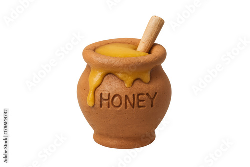 Dripping honey in ceramic pot with wooden dipper