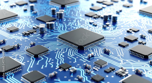 Close-up render of a blue circuit board featuring a central microchip, glowing traces, and numerous electronic components