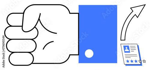 Fist gesture, upward arrow leading to resume with profile and stars. Ideal for career development, job growth, achievements, professional success, recruitment, goal setting, workforce evaluation