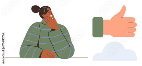 Woman in a green striped sweater rests her chin on her hand, thinking beside a large thumbs-up sign. Ideal for concepts of decision-making, approval, confidence, positivity, contemplation