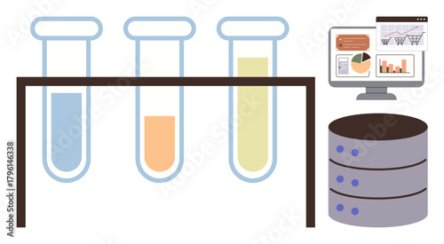 Three test tubes on a stand with colored liquids, a server stack, and computer displaying charts. Ideal for science, data, experimentation, innovation, analytics biotechnology education. Simple