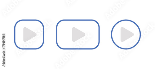 Blue play button set. Includes play button in square, rectangle and circle outline frames.