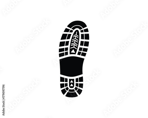 Black silhouette of shoe print or footprint. Detailed sole pattern, ideal for tracking or adventure themes.