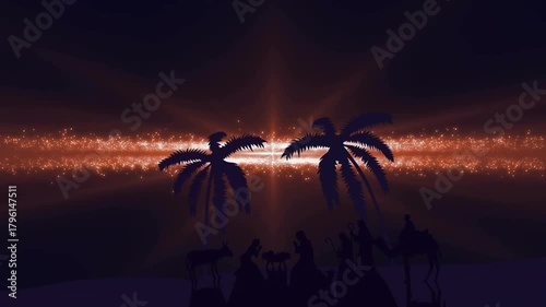 Golden sparkle band pulsing, radiating beams, drawing silhouette group to manger, showing reverence
