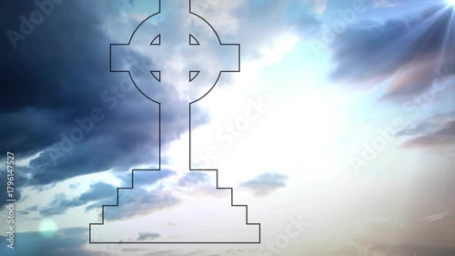 Outlined Celtic cross remaining centered while sunrise light brightening sky to signal dawn