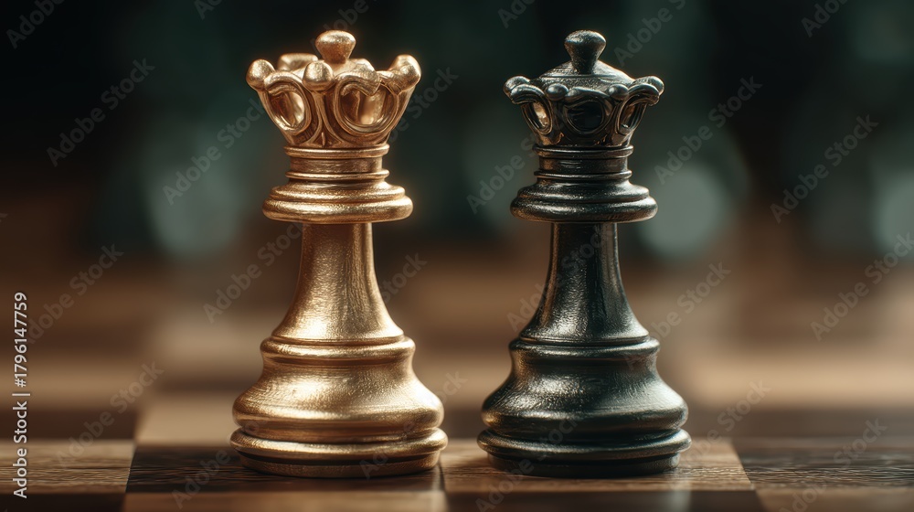 Fototapeta premium Chess Queen Piece Gold Black Strategy Game Challenge