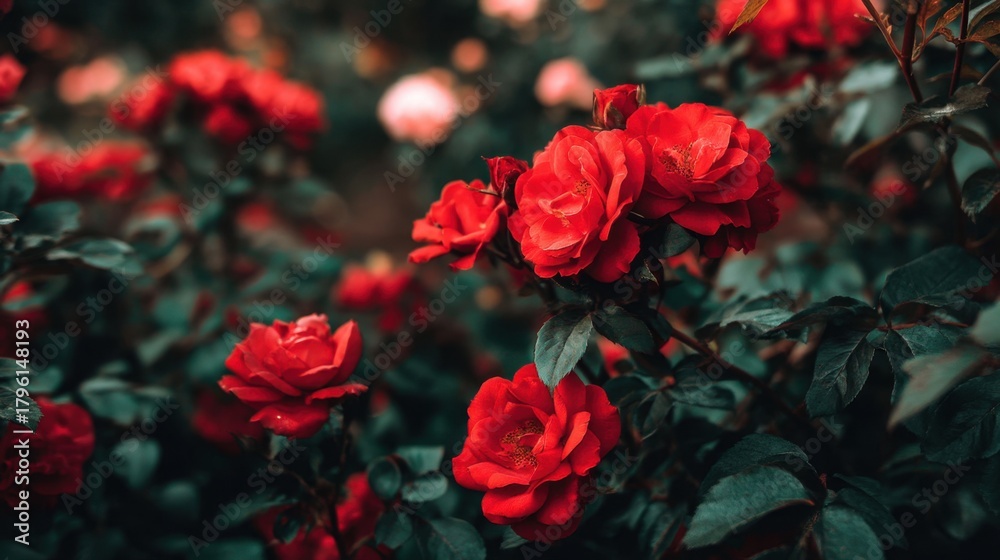Fototapeta premium Vibrant Red Roses Blooming Beautifully in a Lush Garden Filled with Soft Green Leaves and Delicate Pink Flowers Under Natural Light