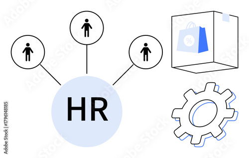 HR hub connected to people icons symbolizing team, next to gear for operations and box for resources or tools. Ideal for business, human resources, recruitment, workflow, organization, teamwork