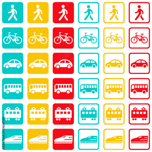 交通機関・移動手段の四角いスタンプ型アイコン 3色の信号カラー2種類セット