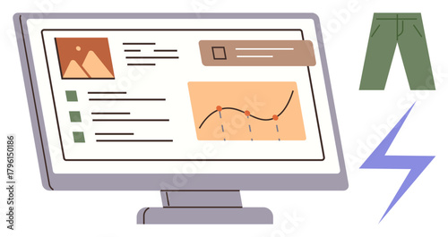 Monitor displaying charts, text, and image layout, adjacent to trousers and lightning imagery. Ideal for data analysis, e-commerce, electricity, tech, online shopping creativity productivity