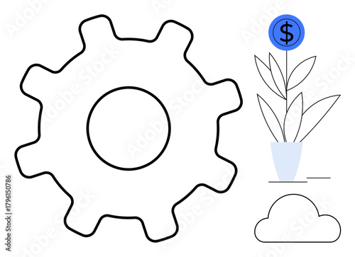 Gear icon next to a growing plant with a monetary symbol signifying progress, innovation, finance, technology, business strategy, sustainable growth, productivity. Ideal for simple flat metaphor