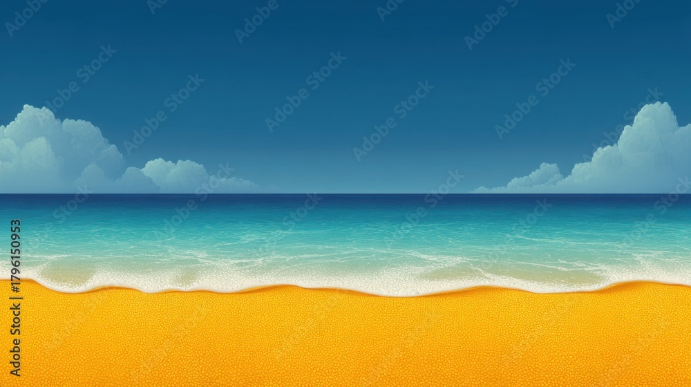 Obraz premium Serene Coastal Scene with Gentle Waves and Bright Sandy Beach Under Clear Blue Sky and Soft White Clouds
